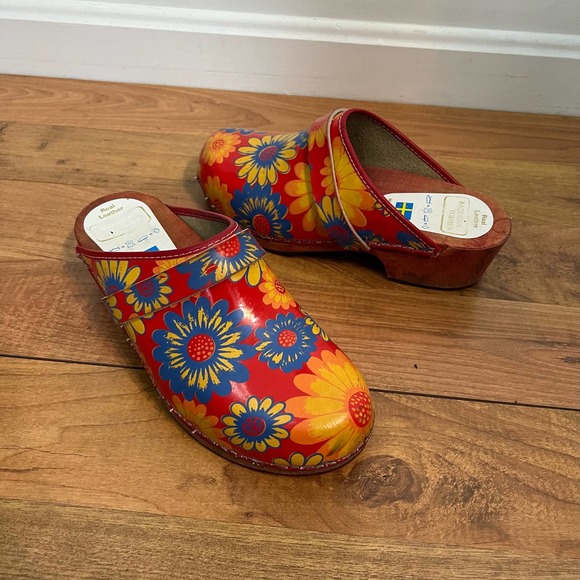 Moheda Toffeln Women's Real Leather Slip On Floral Wooden Clogs Sz 41 Multicolor - Picture 10 of 10